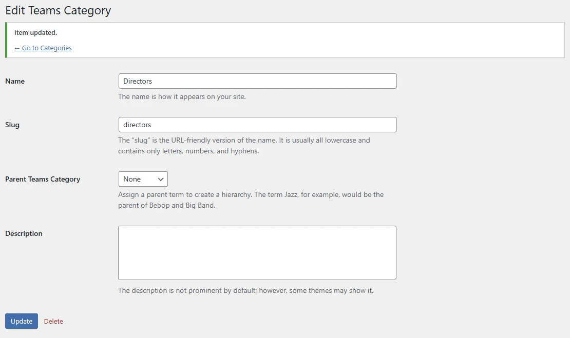 Edit Teams Category screen