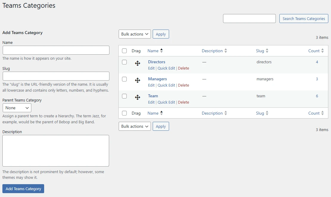 Kraken Teams categories screen