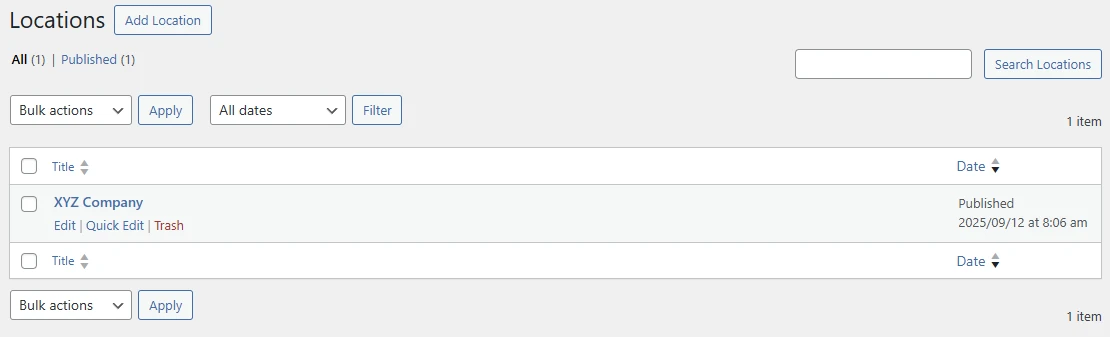 Team's Locations screen with one example location