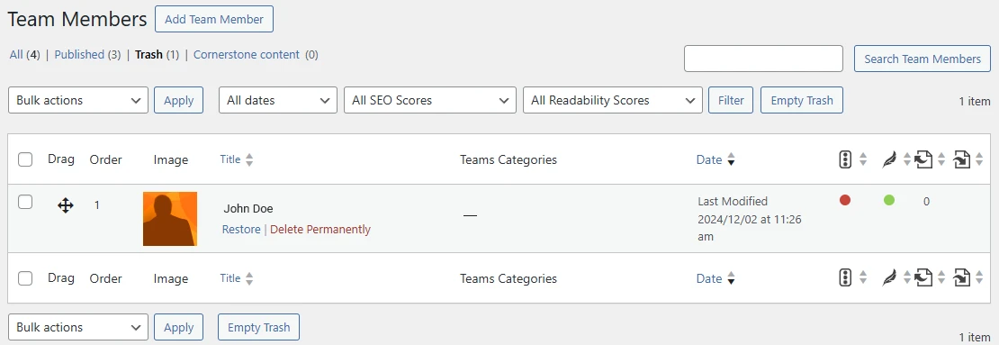 Team Members screen displaying the trashed team member