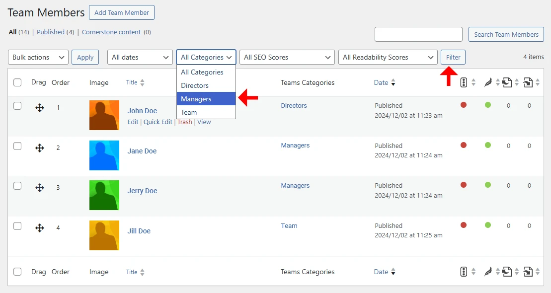 Team Members screen showing how to filter by category