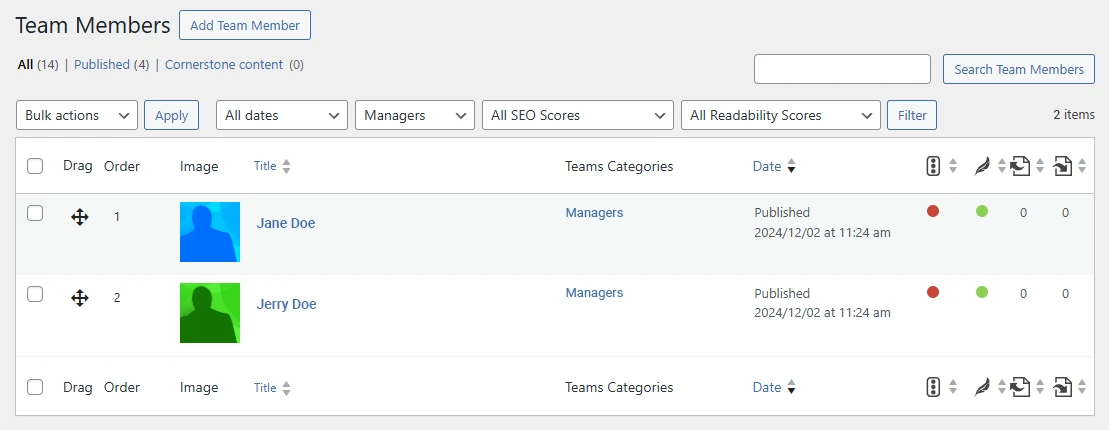 Teams Members screen filtered by category