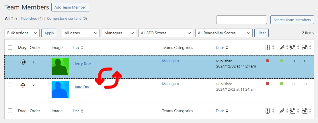 Team Members screen showing the drag and drop functionality to change the sort order