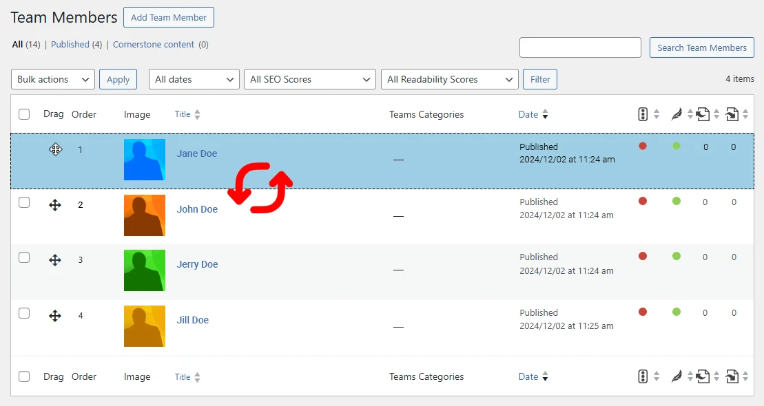 Team Members main screen showing sort order change process