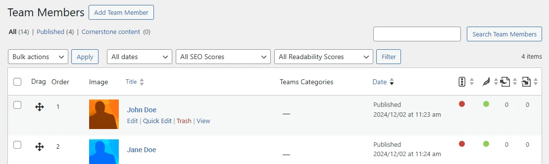Team Members screen with the additional edit links displayed