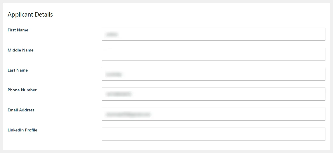 Careers applicant details screen