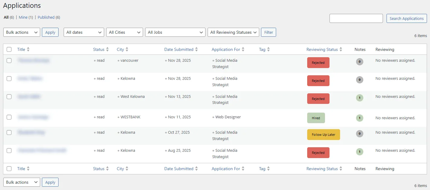 Careers Applications main screen