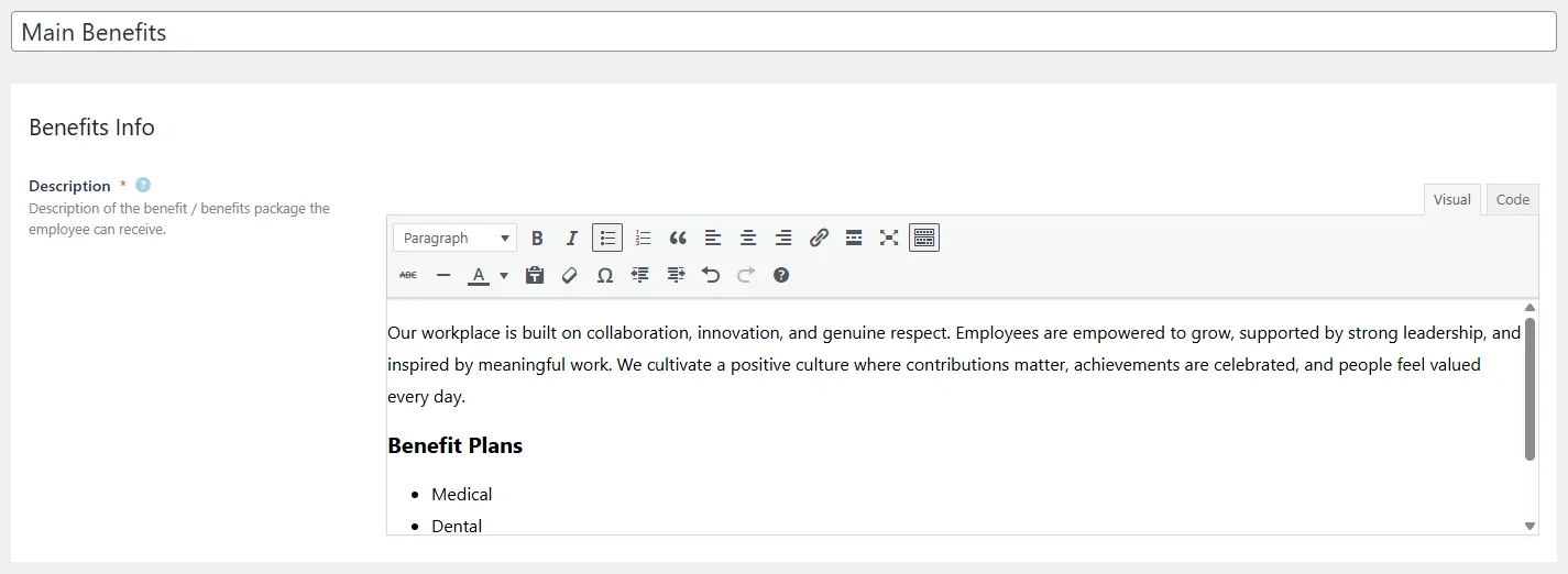 Careers Benefits screen