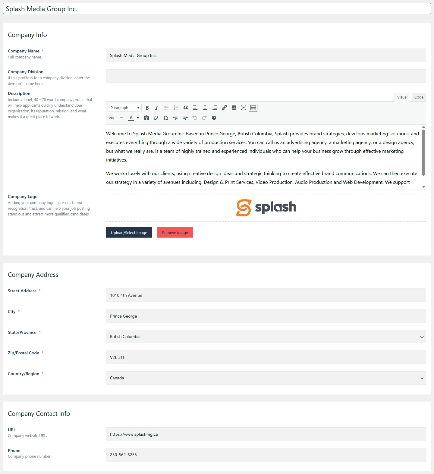 Careers Company Profile screen