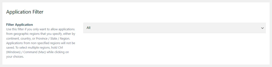 Careers Application filter settings