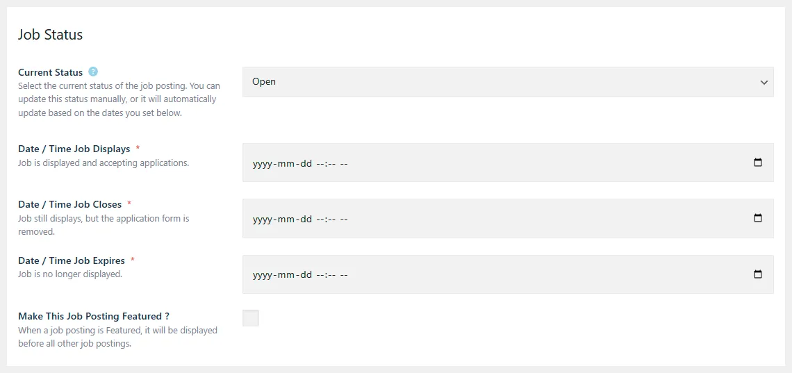 Careers Job Status settings