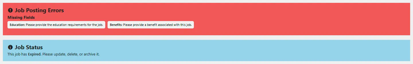 Careers job posting errors and status notices