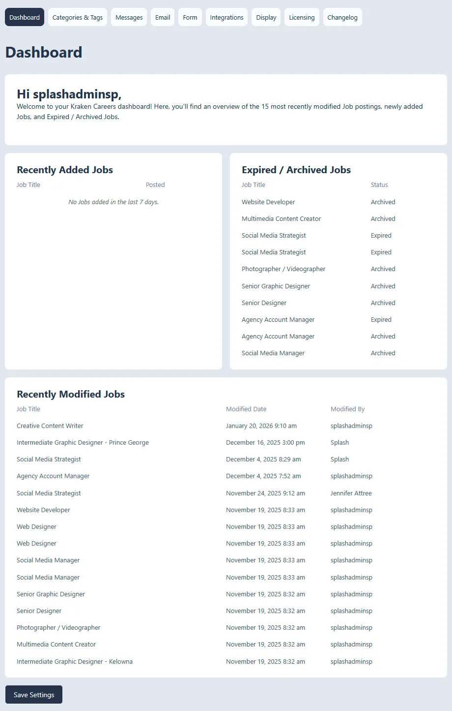 Careers settings dashboard