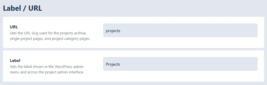 Project display settings for Label - URL